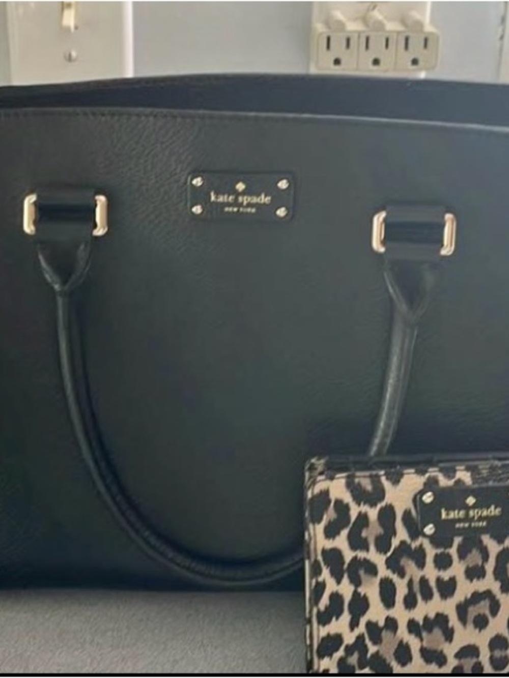 kate spade black tote with leopard pouch